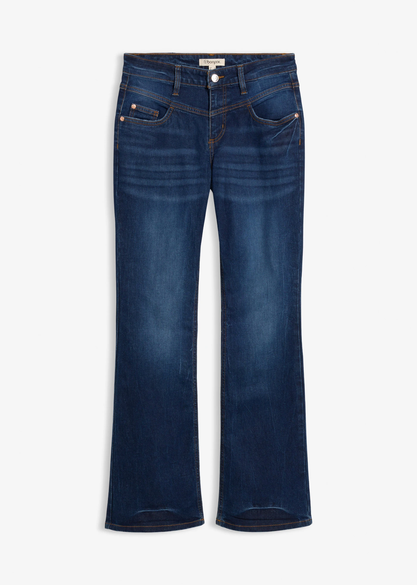 Bootcut sztreccsfarmer, Mid Waist • kék denim, használt hatású • bonprix áruház