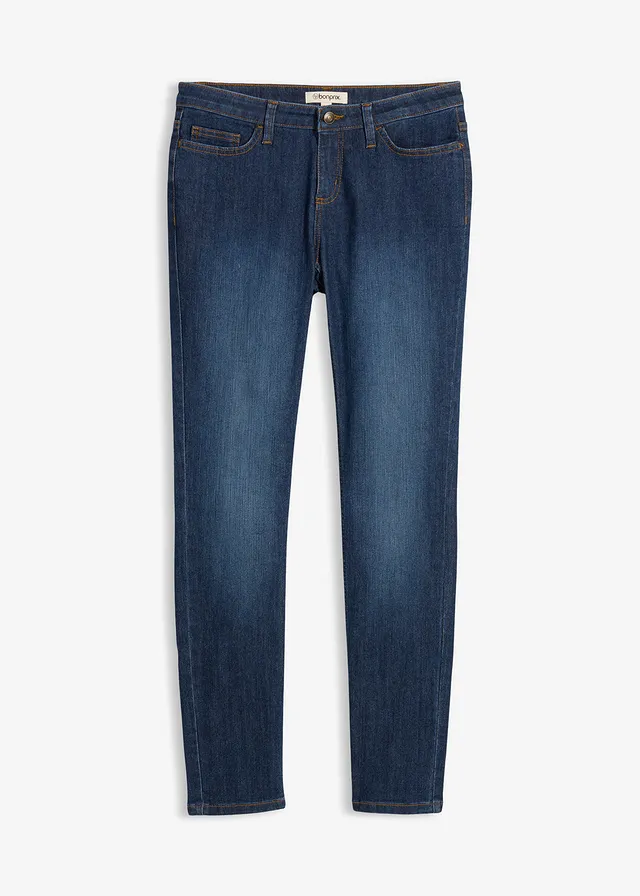 Skinny stretch jeans, mid waist, Kleur: donkerblauw denim used