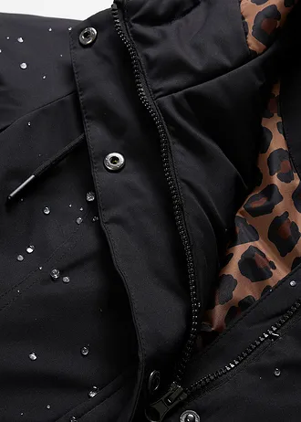 Vízlepergető rövid Outdoor kabát övvel, leopárdmintás béléssel • fekete • bonprix áruház
