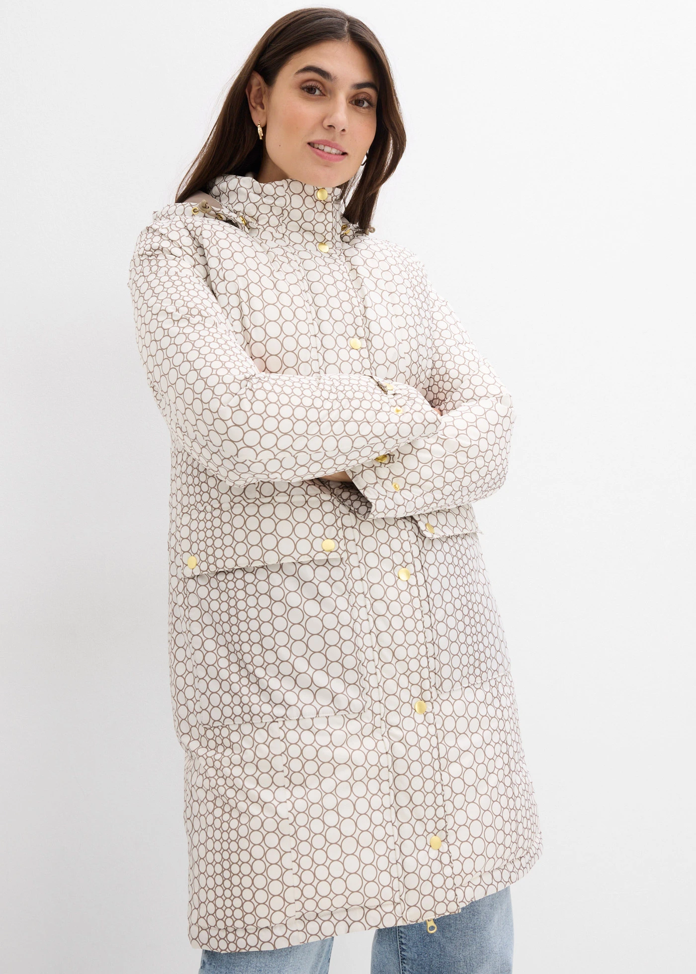 Lange outdoorjas, waterdicht • parelwit met print • bonprix online shop