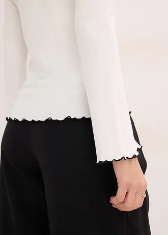 Geribd longsleeve met strikdetail • wolwit met zwart • bonprix online shop