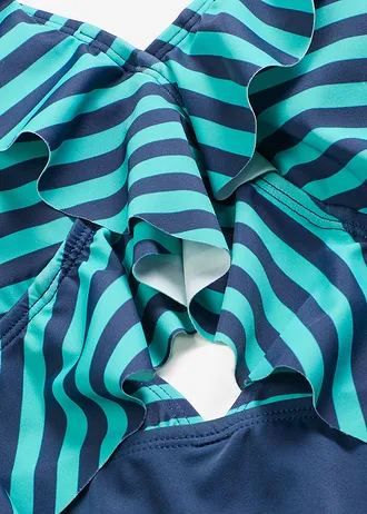 Maillot 1 pièce à volants • bleu profond/turquoise rayé • Boutique bonprix