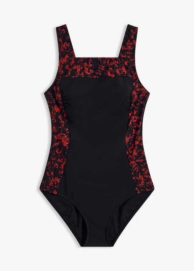 Costum de baie cu decolteu pătrat, cu efect de modelare mediu • negru/roșu grafic • magazin bonprix