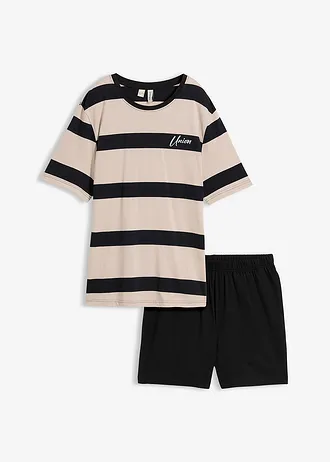 Pyjashort en coton, Couleur: gris pierre +noir