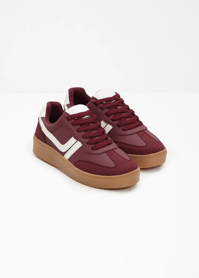 Plateau sneakers in retrolook, Kleur: robijnrood-parelwit