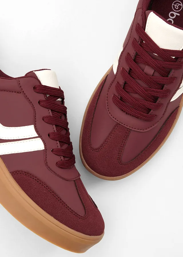 Plateau sneakers in retrolook, Kleur: robijnrood-parelwit
