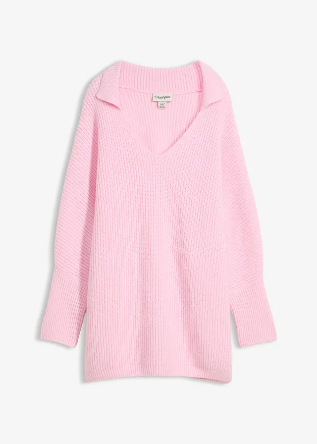 Sweter oversize z kołnierzykiem polo • jasnoróżowy kryształowy • sklep bonprix