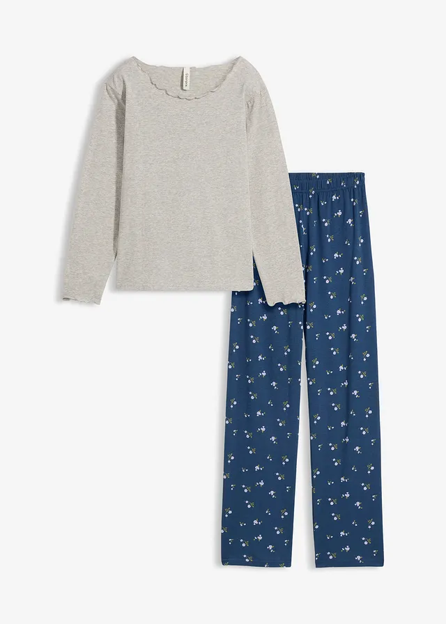 Pyjama en coton doux et extensible • gris clair chiné+indigo floral • Boutique bonprix
