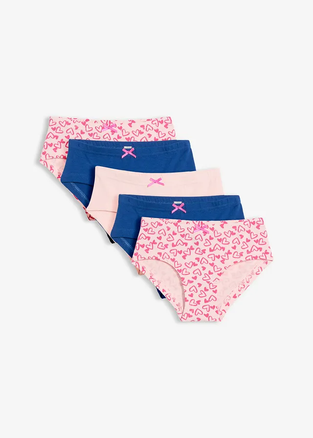Lot de 5 shorties en coton doux avec nœud en satin, Couleur: rose clair imprimé+rose clair+bleu