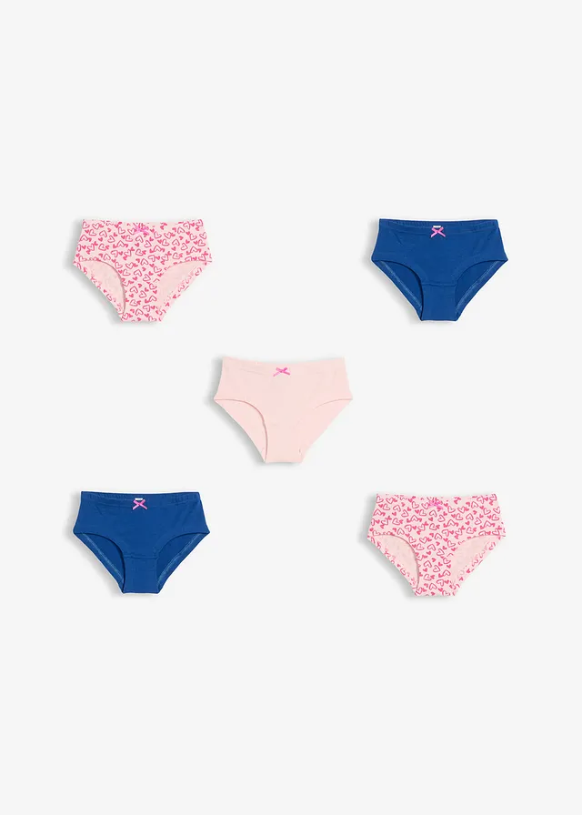 Hipster met zacht katoen en satijnen strikje (set van 5), Kleur: lichtroze gedessineerd+lichtroze+blauw