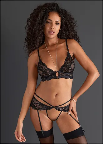 Podprsenka a tanga ouvert s podvazky (2dílná souprava) • černá • bonprix obchod