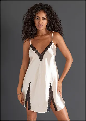 Satijnen slipdress, Kleur: poudre/zwart