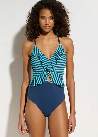 Badpak met volant, Kleur: diepblauw/turkoois gestreept