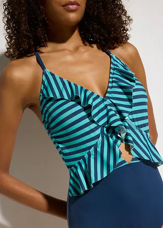 Maillot 1 pièce à volants • bleu profond/turquoise rayé • Boutique bonprix