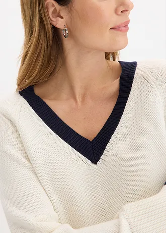 Pulover cu dungi în contrast • alb perlat/bleumarin • magazin bonprix