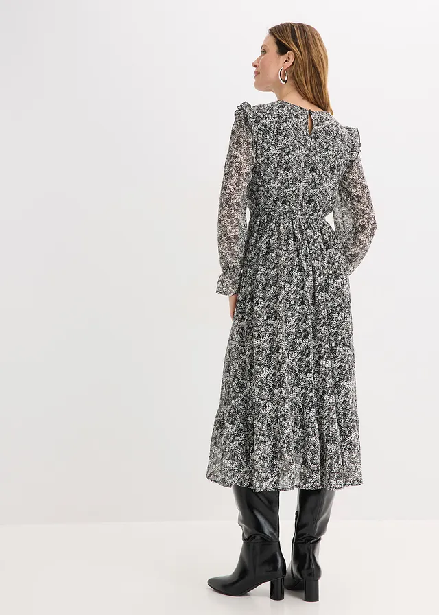 Robe midi à volants, Couleur: noir-blanc floral