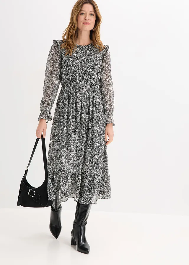 Robe midi à volants, Couleur: noir-blanc floral