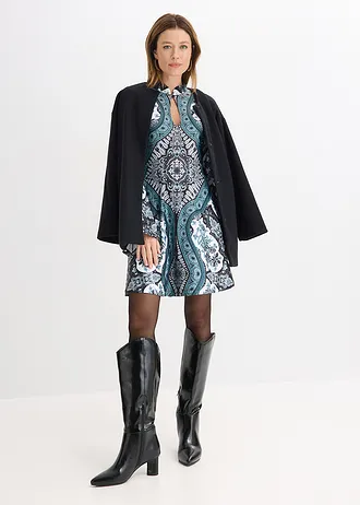 Rochie jerse cu mâneci cu volane la capete • negru/alb/verde închis cu imprimeu • magazin bonprix