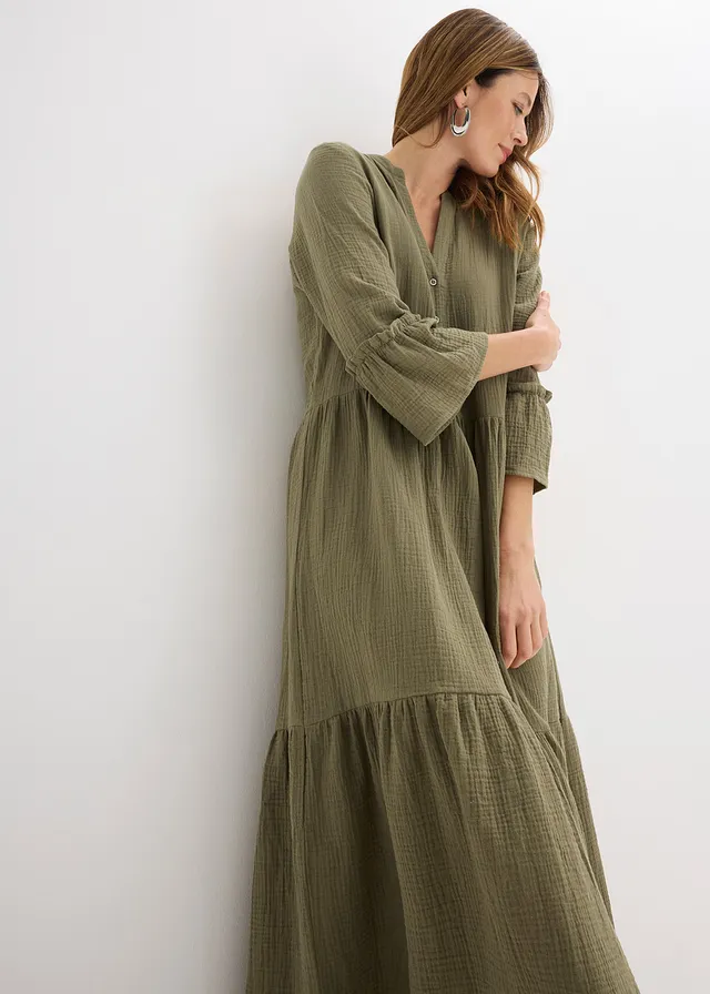 Robe midi en gaze de coton douce olive