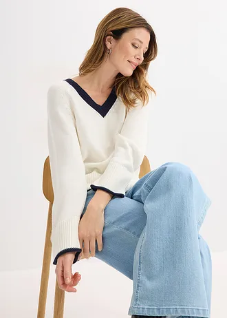 Pulover cu dungi în contrast • alb perlat/bleumarin • magazin bonprix