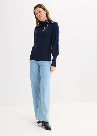 Pulover din material cu viscoză • bleumarin/alb • magazin bonprix