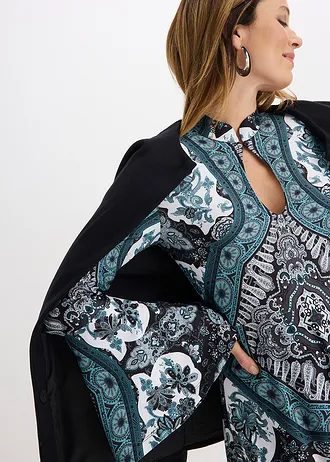 Jersey jurk met opstaande kraag en volantmouwen • zwart/wit/donkergroen gedessineerd • bonprix online shop