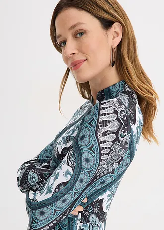 Robe en jersey avec col montant et manches volantées • noir/blanc/vert foncé imprimé • Boutique bonprix