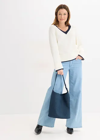 Trui met contrastrerende strepen, Kleur: parelwit-donkerblauw