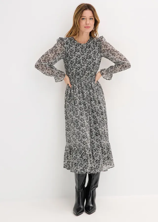 Robe midi à volants, Couleur: noir-blanc floral
