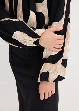 Blouse met strik van soepelvallende viscose • zwart-crème grafische print • bonprix online shop