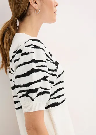 Sweter z rękawami bufkami • biel wełny w czarne paski zebry • sklep bonprix