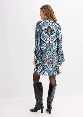 Jersey jurk met opstaande kraag en volantmouwen • zwart/wit/donkergroen gedessineerd • bonprix online shop