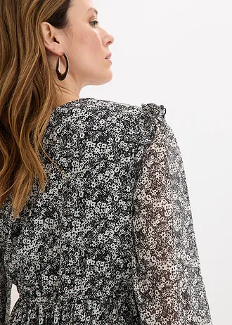 Rochie midi cu volane • negru/alb floral • magazin bonprix