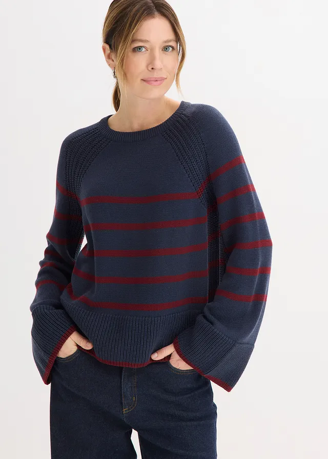 Pull à rayures contrastantes, Couleur: bleu foncé-rouge rubis rayé