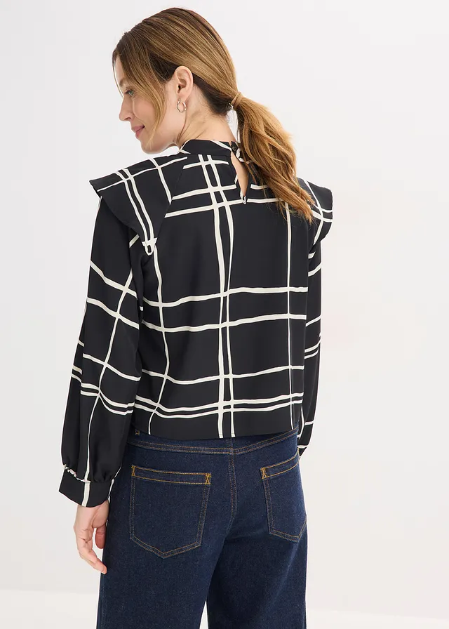 Blouse, Kleur: zwart-crème geruit