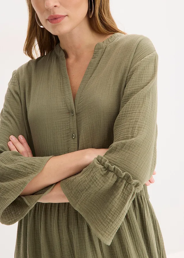 Midi jurk van zachte mousseline • olijfgroen • product-page.page-title-suffix