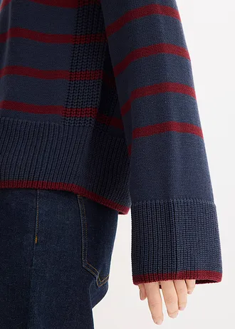 Sweter z kontrastującymi paskami • granatowo-czerwony rubinowy w paski • sklep bonprix