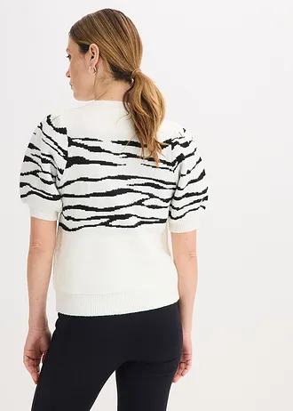 Sweter z rękawami bufkami • biel wełny w czarne paski zebry • sklep bonprix