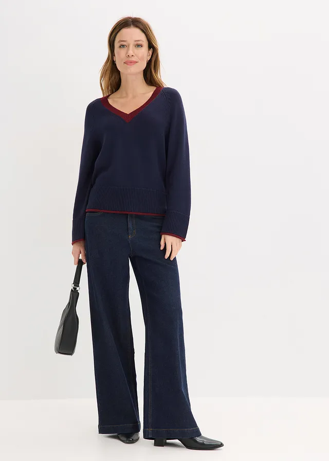 Pull à rayures contrastantes, Couleur: bleu foncé-rouge rubis