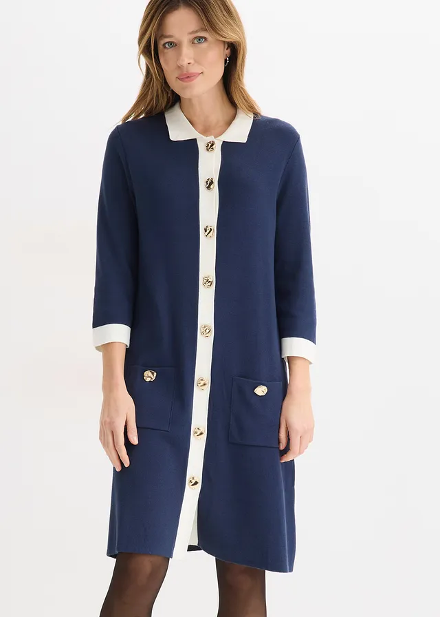 Robe en maille, Couleur: bleu foncé/écru