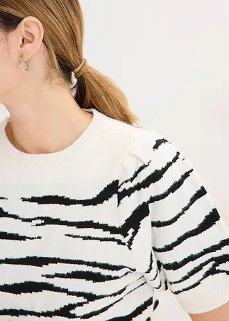 Sweter z rękawami bufkami • biel wełny w czarne paski zebry • sklep bonprix