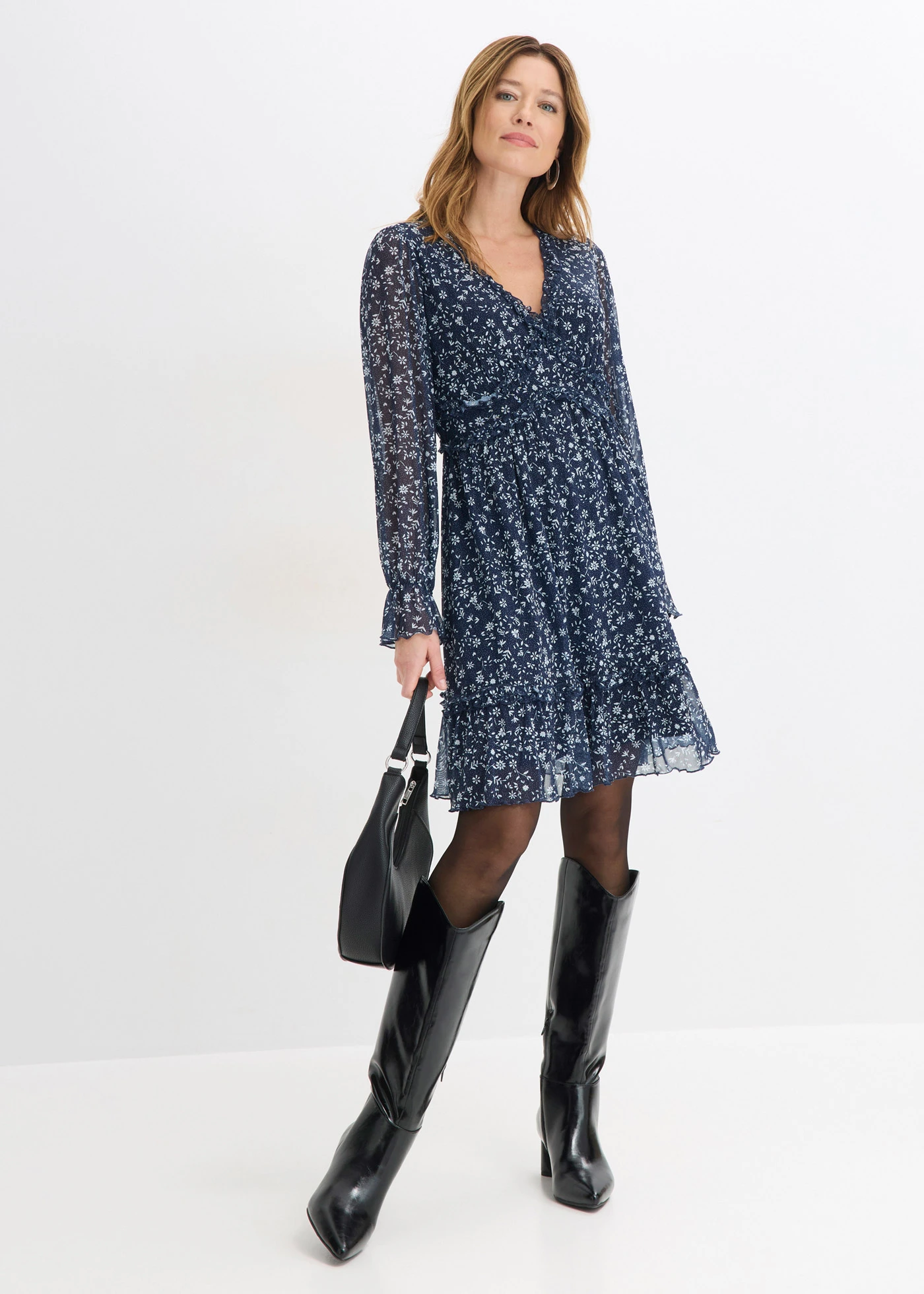 Rochie mini din material mesh fin • bleumarin/alb floral • magazin bonprix