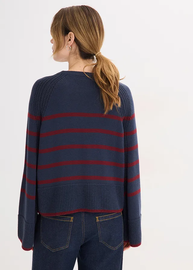 Pull à rayures contrastantes, Couleur: bleu foncé-rouge rubis rayé