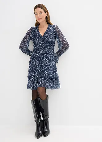 Rochie mini din material mesh fin • bleumarin/alb floral • magazin bonprix