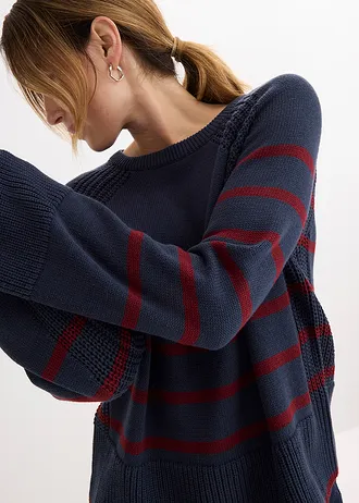 Pulover cu dungi în contrast • bleumarin/roșu-rubiniu cu dungi • magazin bonprix
