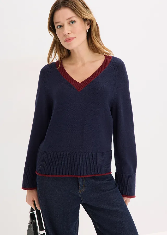 Trui met contrastrerende strepen, Kleur: donkerblauw-robijnrood