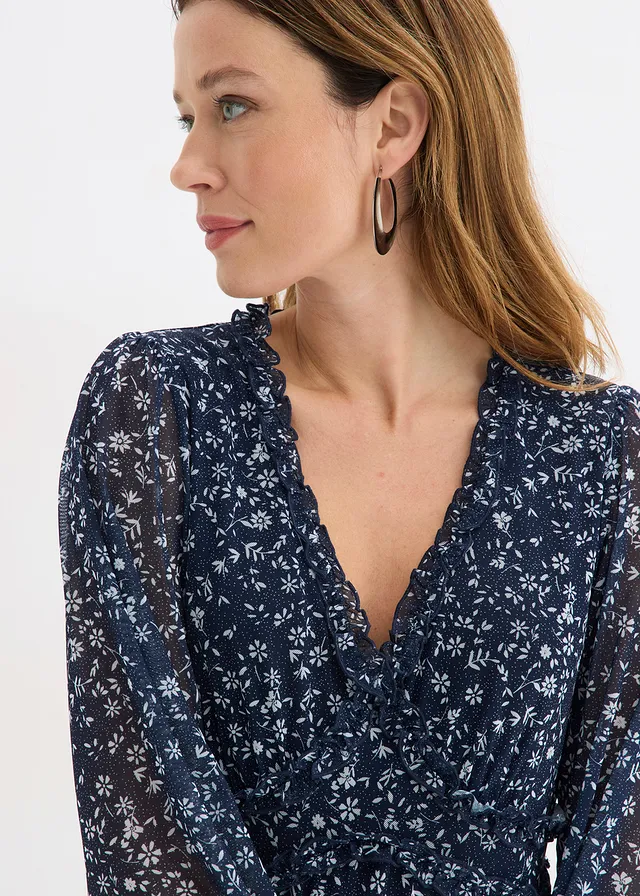 Rochie mini din mesh fin • bleumarin/alb floral • magazin bonprix