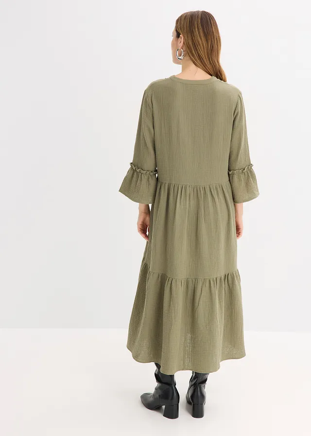 Midi jurk van zachte mousseline • olijfgroen • product-page.page-title-suffix