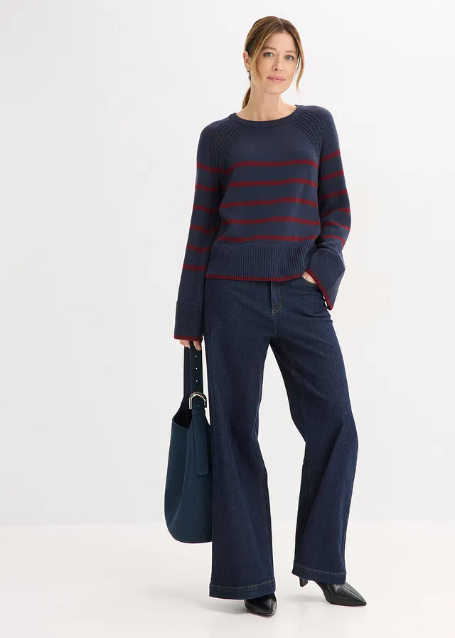 Pull à rayures contrastantes, Couleur: bleu foncé-rouge rubis rayé