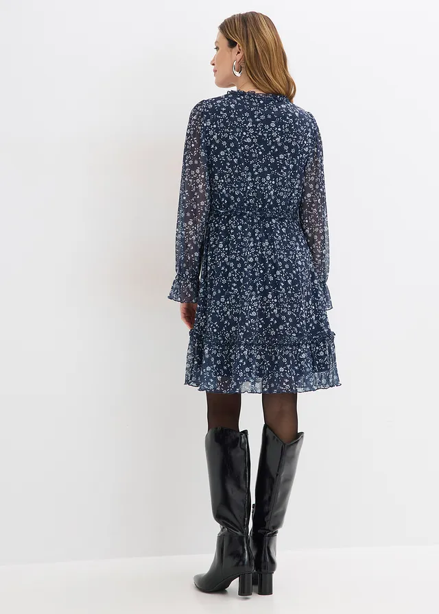 Rochie mini din mesh fin • bleumarin/alb floral • magazin bonprix